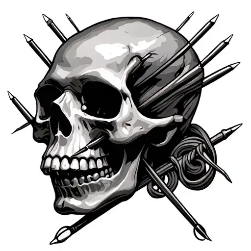 skull with crossed sewing needles instead through it tattoo design idea