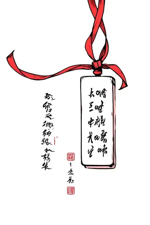 Omamori with red ribbon wrapped, writing inside Lucy tattoo design idea