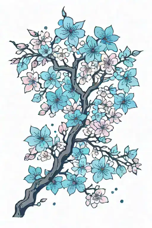 Cherry blossom petals falling, deep blue petals dark blue petals, purple petals, light blue petals, black branch tattoo design idea