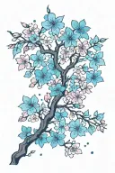 Cherry blossom petals falling, deep blue petals dark blue petals, purple petals, light blue petals, black branch tattoo design idea