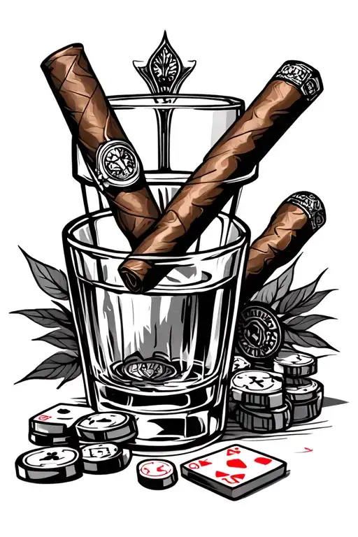 Casino with cigar and whiskey Glass Surrounded tattoo design idea
