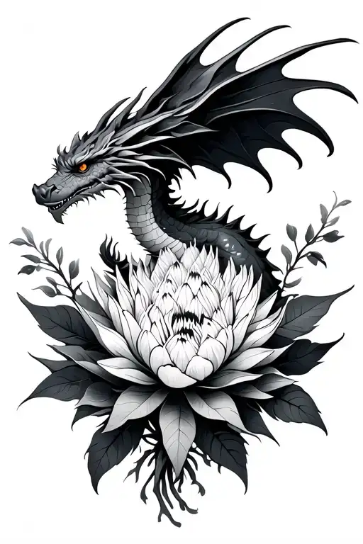 flying dragon with protea flower bouquet tattoo design idea