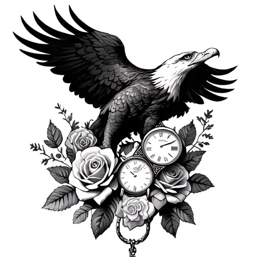 eagle holding a Roman watch with rose flowers  tattoo design idea