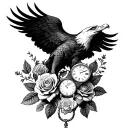 eagle holding a Roman watch with rose flowers  tattoo design idea