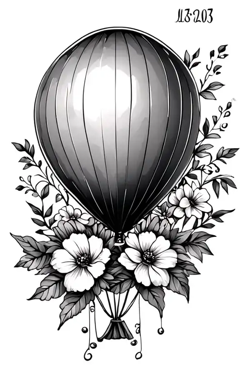 balloon with flowers below and a date tattoo design idea