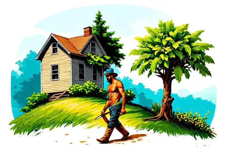 man walking up a hill to house next to a flamboyan tree, a machete on his left hand, a plantain bunch on right shoulder tattoo design idea