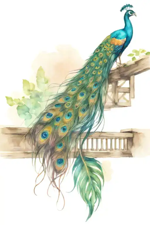 wooden bridge with peacock feather intertwined tattoo design idea