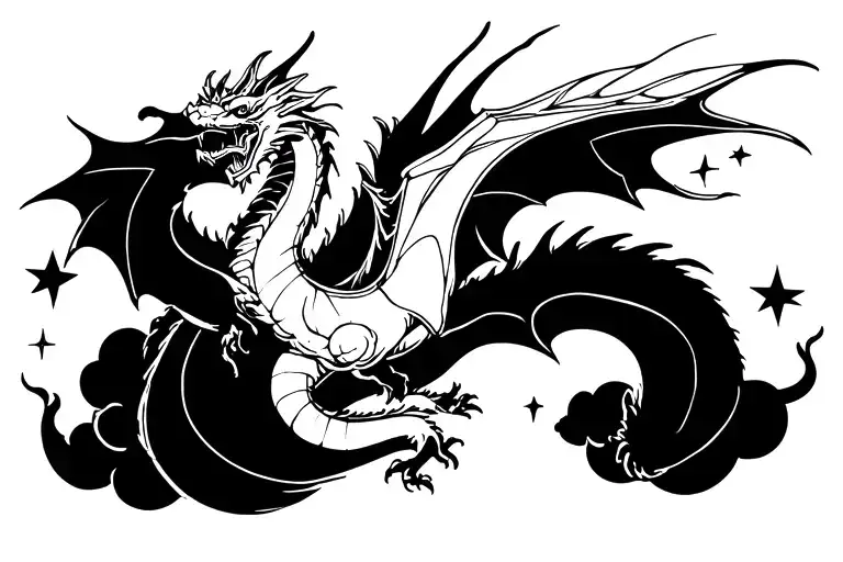 white dragon flying in the sky with stars and clouds tattoo design idea