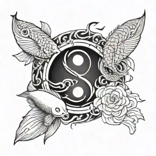 yin yang as a nautical compass with koi fish around it tattoo design idea