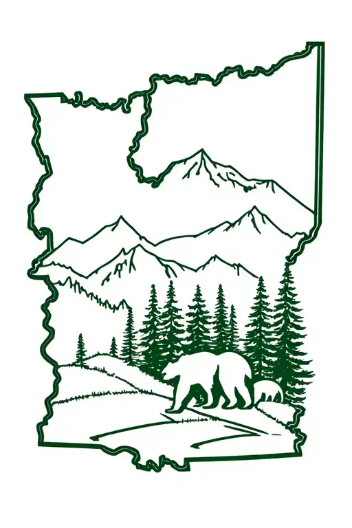 Oregon state outline filled with a forest scene featuring 3 bears tattoo design idea