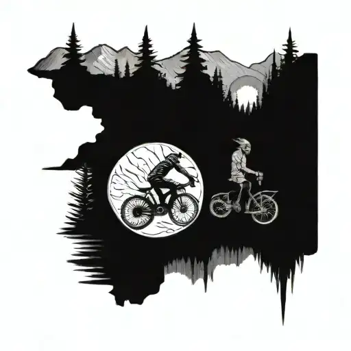 Shiva trishul and motor cycle path through mountains and forest tattoo design idea