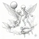 two pisces fish, angel saving falling skeleton, Banksy balloon boy, all ink splatter style. tattoo design idea