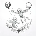 two pisces fish, angel saving falling skeleton, Banksy balloon boy, all ink splatter style. tattoo design idea