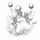 two pisces fish, angel saving falling skeleton, Banksy balloon boy, all ink splatter style. tattoo design idea