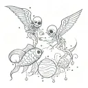 two pisces fish, angel saving falling skeleton, Banksy balloon boy, all ink splatter style. tattoo design idea