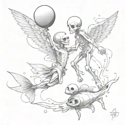 two pisces fish, angel saving falling skeleton, Banksy balloon boy, all ink splatter style. tattoo design idea