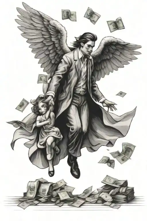 someone who's obsessed with money and family also that's chasing money and has bad evils around him but also angels  tattoo design idea