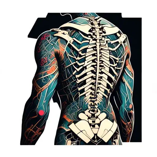 A cyberpunk tattoo depicting a cybernetic spine and back muscles that extend downwards rather than to the sides, all in  tattoo design idea