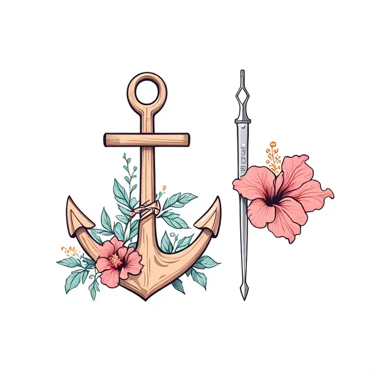 An anchor with a wooden spoon and a screwdriver with hibiscus flower decorations feminine tattoo design idea