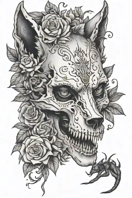 wolf skull, flowers, spiders, bugs tattoo design idea