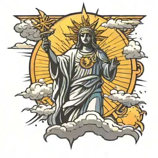 A sun with light beams shining down on the rio statue and clouds around it with a cross tattoo design idea