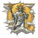 A sun with light beams shining down on the rio statue and clouds around it with a cross tattoo design idea