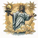 A sun with light beams shining down on the rio statue and clouds around it with a cross tattoo design idea