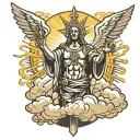 A sun with light beams shining down on the rio statue and clouds around it with a cross tattoo design idea