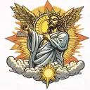 A sun with light beams shining down on the rio statue and clouds around it with a cross tattoo design idea