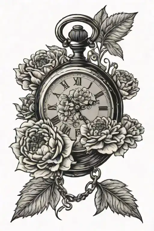 marigolds flower bouquet pocket watch tattoo design idea