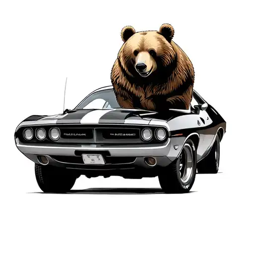 bear leaning on 1970 dodge challenger tattoo design idea
