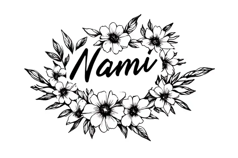 Naomi name written into flower surrounded tattoo design idea