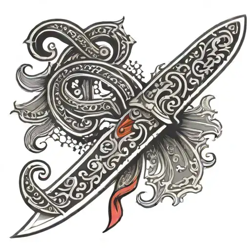 a ninja sai knife with red paisley pattern ribbon from handle wrapping up and around it spelling (sy) tattoo design idea