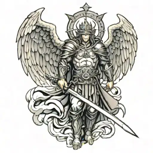 St. Micheal The Archangel with two swords on right arm full sleeve tattoo design idea