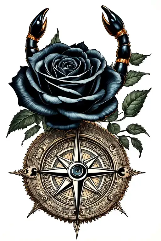 scorpion and black rose and compass tattoo design idea
