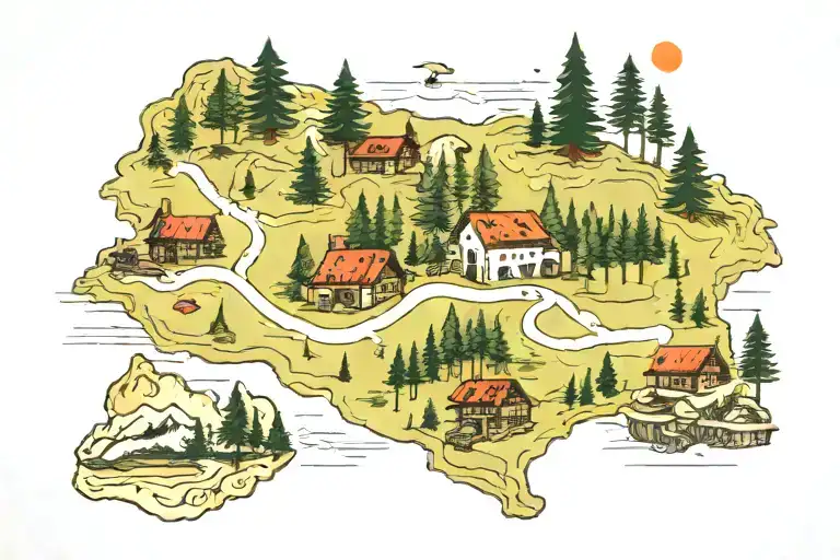 A map of Romania intertwined with hiking trails and pine trees, symbolizing a love for exploration tattoo design idea