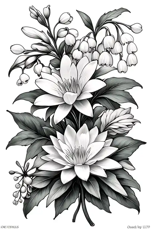 lily of the valley, larkspur, water lily, and hawthorn tattoo tattoo design idea