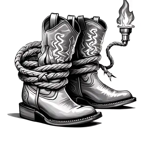 Cowboy boots, wrapped up lasso, with a welding tig torch at the end sitting on the boots tattoo design idea