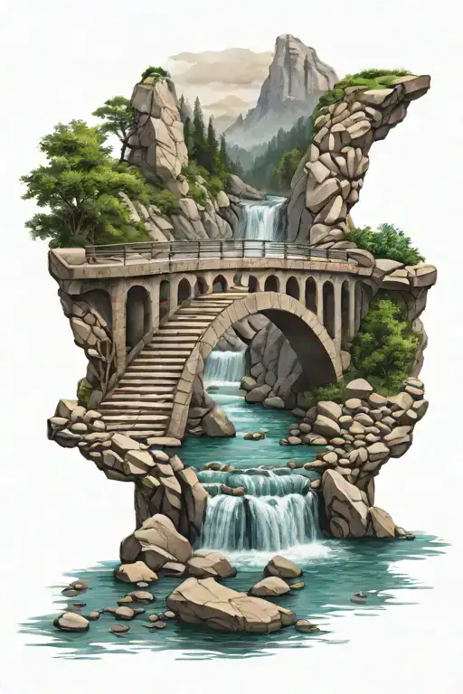 bridge made out of stones, two arcs, with a river flowing tattoo design idea