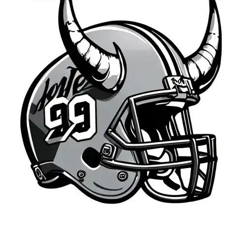An American football helmet with viking horns with the number 99 in varsity font writing slightly below  tattoo design idea