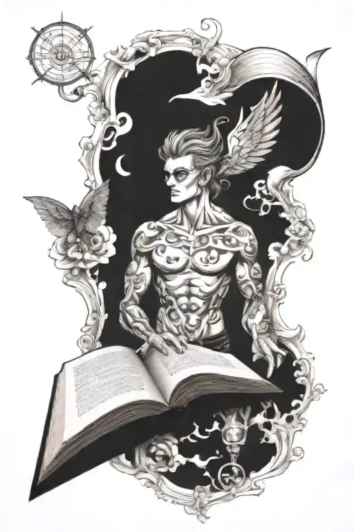 open book with hero emerging and fantasy background  tattoo design idea