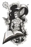 open book with hero emerging and fantasy background  tattoo design idea