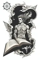 open book with hero emerging and fantasy background  tattoo design idea