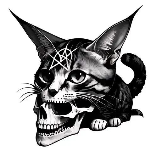 gothic cat with black eyes and pentagram engraved into forehead ,fangs ,bat wings collar,sat on a skull realistic tattoo design idea