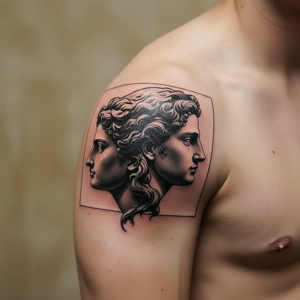 Gemini Two Face male female Greek statue facing opposite directions tattoo design idea