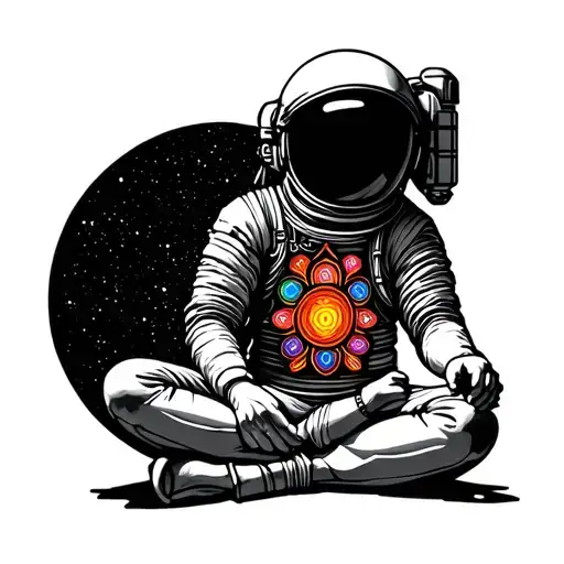 astronaut Vishnu sitting crossed legged chakra symbols tattoo design idea