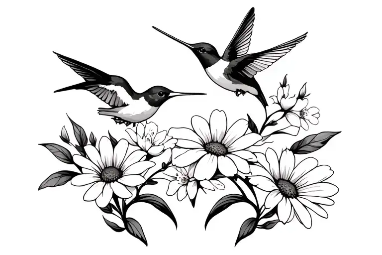 cherry blossoms, daisy, gladiolus flowers with 2 humming birds tattoo design idea
