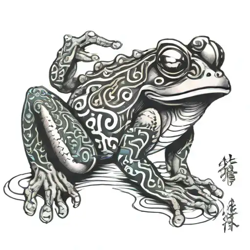 Make a color sketch for a Japanese style tattoo with a Japanese mask and frog and inscriptions tattoo design idea