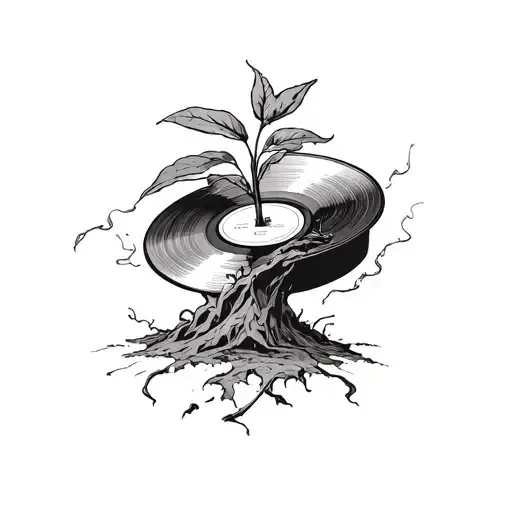 A vinyl record spinning with a plant growing out of it tattoo design idea