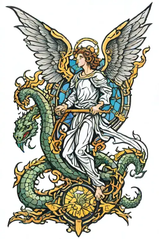 stain glass window with angel fighting a dragon breathing fire tattoo design idea